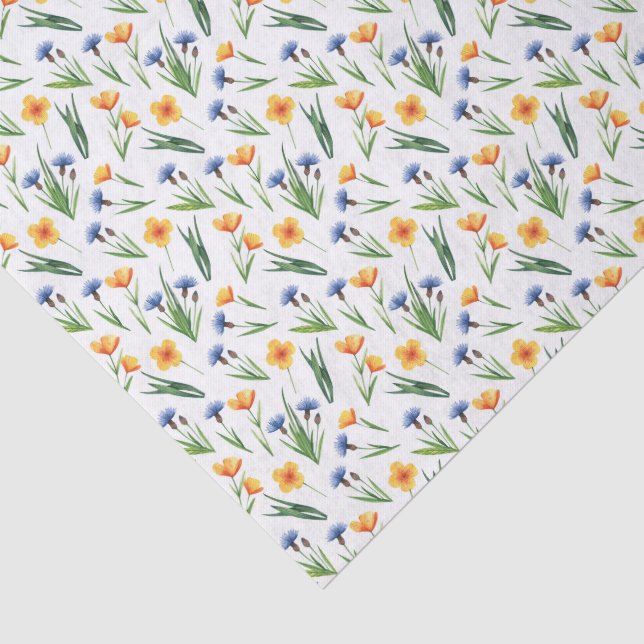 Cute Buttercups, Blue Cornflowers & Greenery Tissue Paper (Detail)