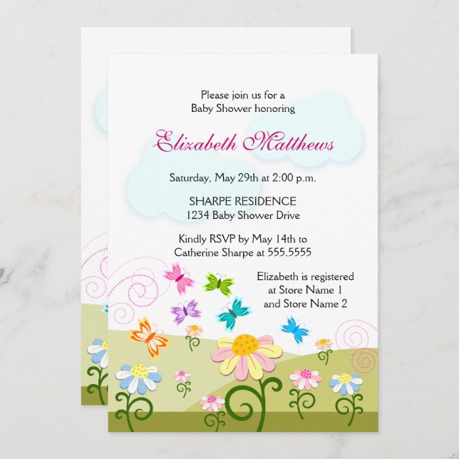 Cute Butterflies and Daisies Baby Shower Invitation (Front/Back)