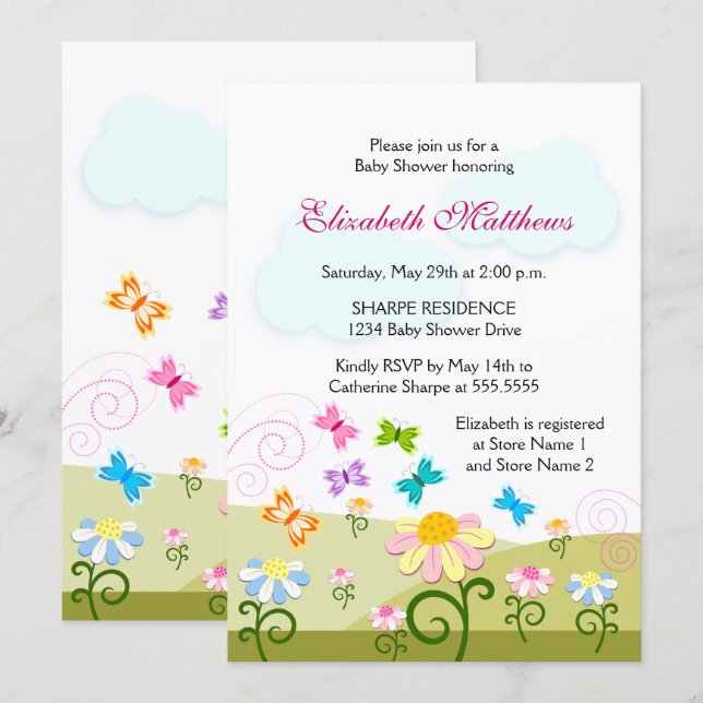 Cute Butterflies and Daisies Baby Shower Invitation (Front/Back)