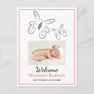 Cute Butterflies Baby Girl Photo Announcement Postcard