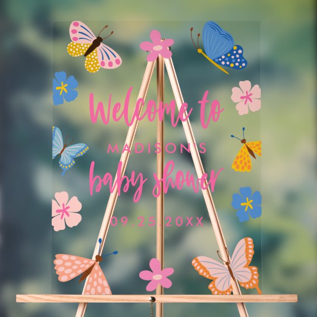 Cute Butterflies Baby Shower Welcome Acrylic Sign (Neutral)
