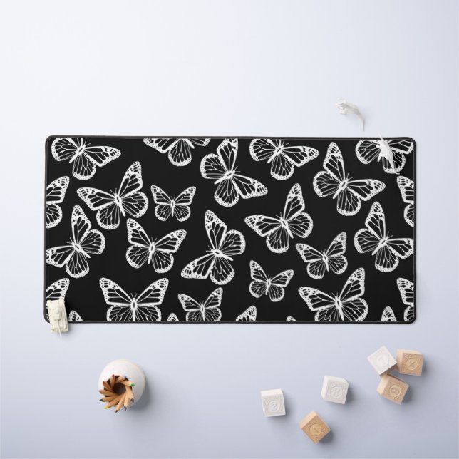 Cute Butterflies Elegant Chic Pattern Black White Desk Mat (Kids Table)
