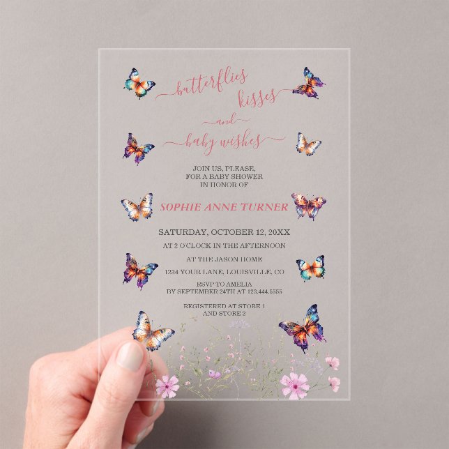 Cute Butterflies Kisses Baby Wishes Baby Shower Acrylic Invitations (Insitu (Handheld))