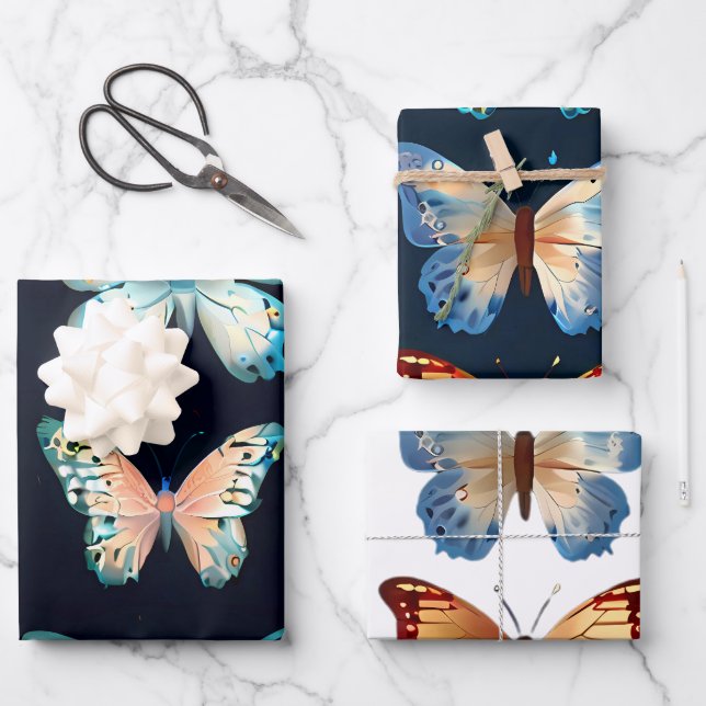 Cute Butterflies on blue and white backgrounds Wrapping Paper Sheet (Front)