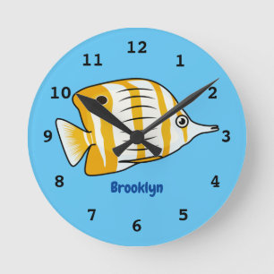 Cute butterfly fish cartoon illustration round clock