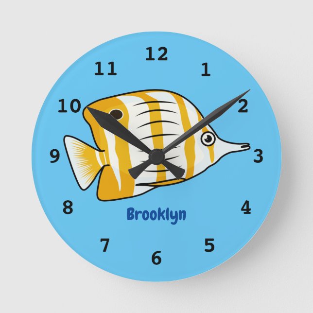 Cute butterfly fish cartoon illustration round clock (Front)