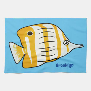 Cute butterfly fish cartoon illustration tea towel