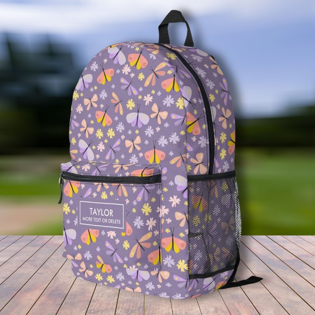 Cute Butterfly Floral, Personalised Kids Name Text Printed Backpack (Creator Uploaded)