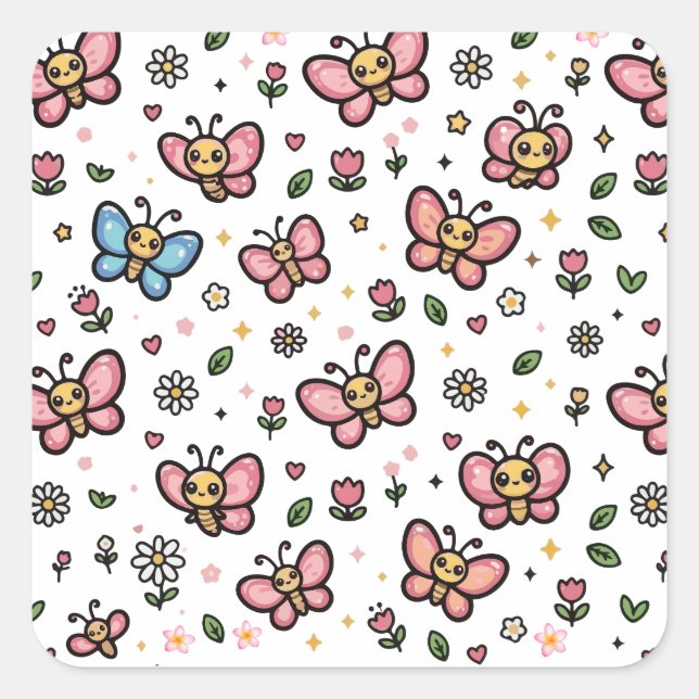 Cute Butterfly Floral Seamless Kawaii Pattern Square Sticker (Front)