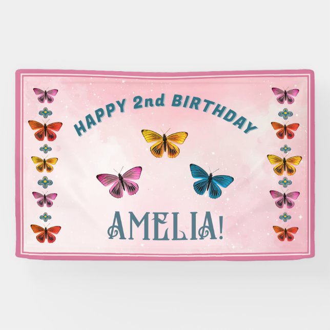 Cute Butterfly Flowers Girl Birthday Party  Banner (Horizontal)