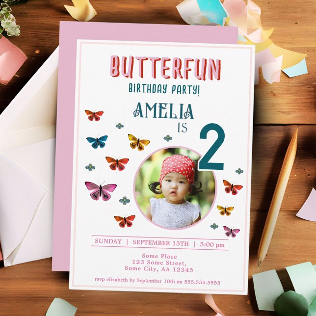 Cute Butterfly Flowers Girl Birthday Party Photo Invitation (Creator Uploaded)