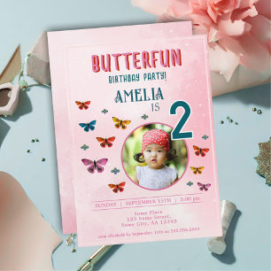 Cute Butterfly Flowers Girl Birthday Party Photo Invitation