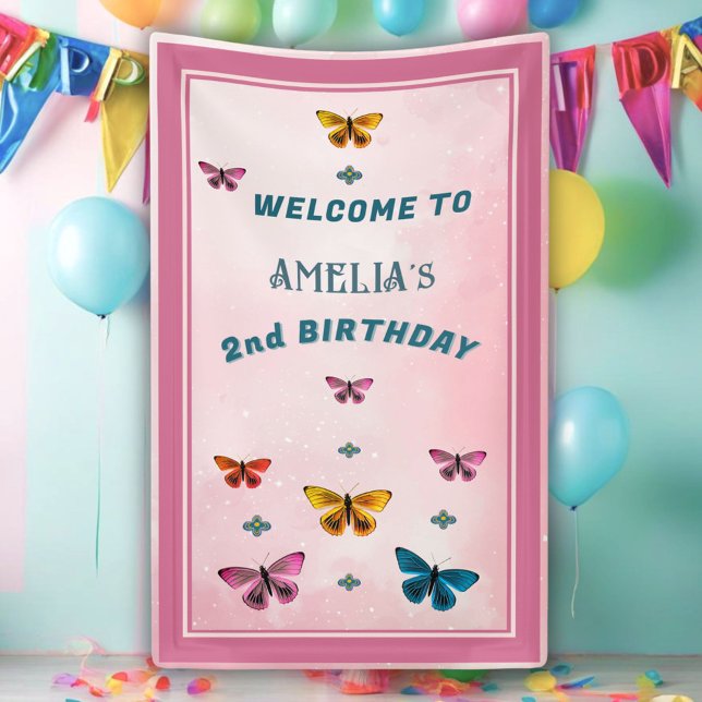 Cute Butterfly Flowers Girl Birthday Party Welcome Banner (Creator Uploaded)