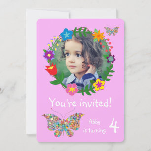 Cute Butterfly Flowers Girls Birthday Party Invitation