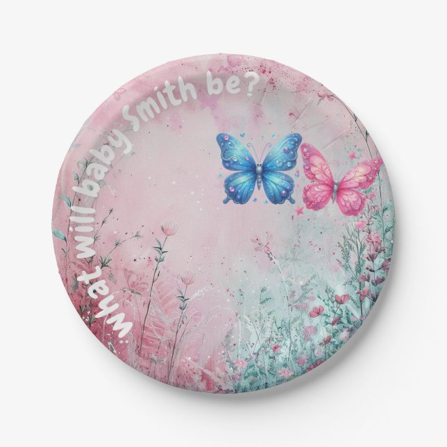 cute butterfly Gender Reveal Party garden Paper Plate (Front)