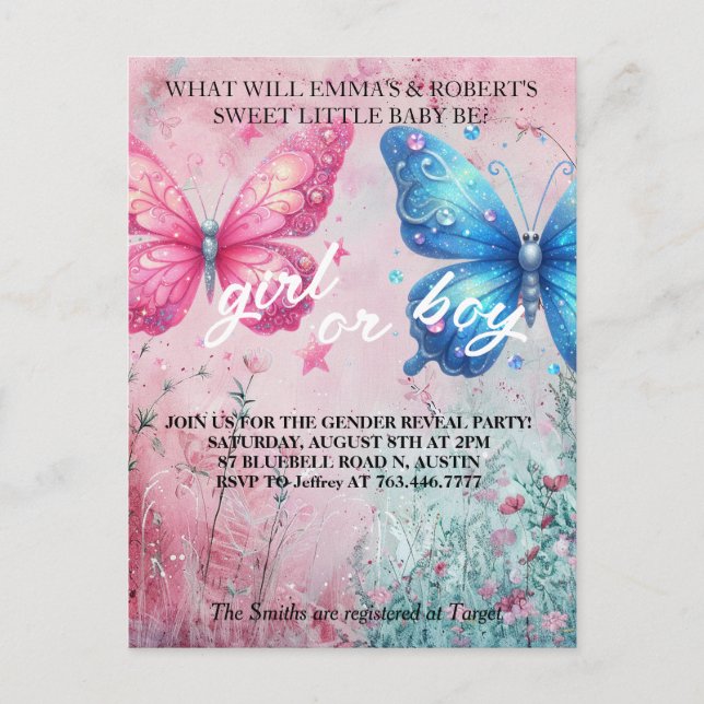 cute butterfly Gender Reveal Party Invitation Postcard (Front)