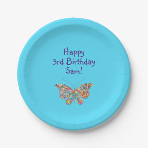 Cute Butterfly Happy 3rd Birthday Personalise Paper Plate