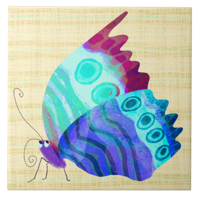 Cute Butterfly in Blue Ceramic Tile (Front)