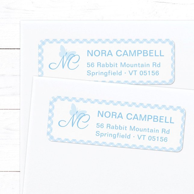 Cute Butterfly Initials Baby Blue Return Address Label (Elegant butterfly monogram return address label in baby blue with a gingham checks background.)