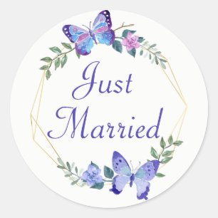 Cute Butterfly Just Married Butterflies Blue Classic Round Sticker