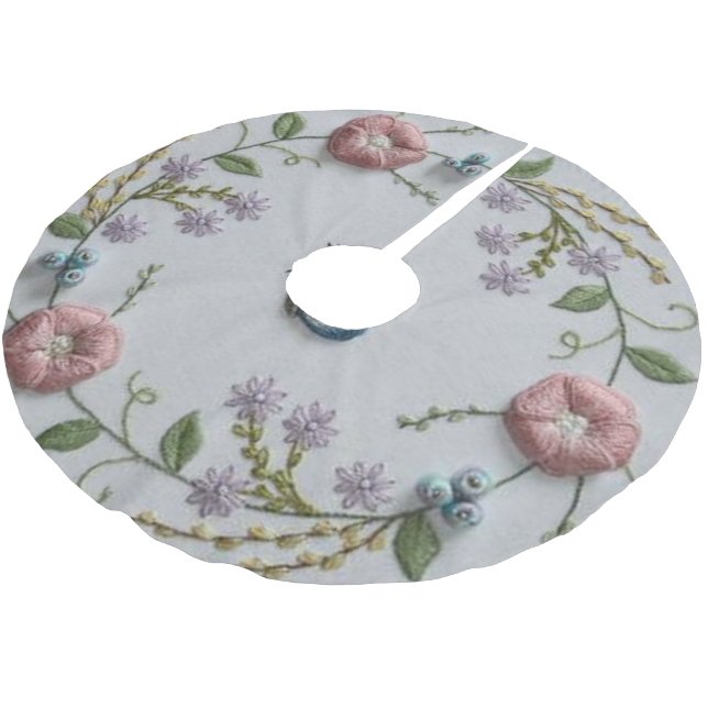 cute butterfly mint green pink Embroidery Floral Brushed Polyester Tree Skirt (Angled)