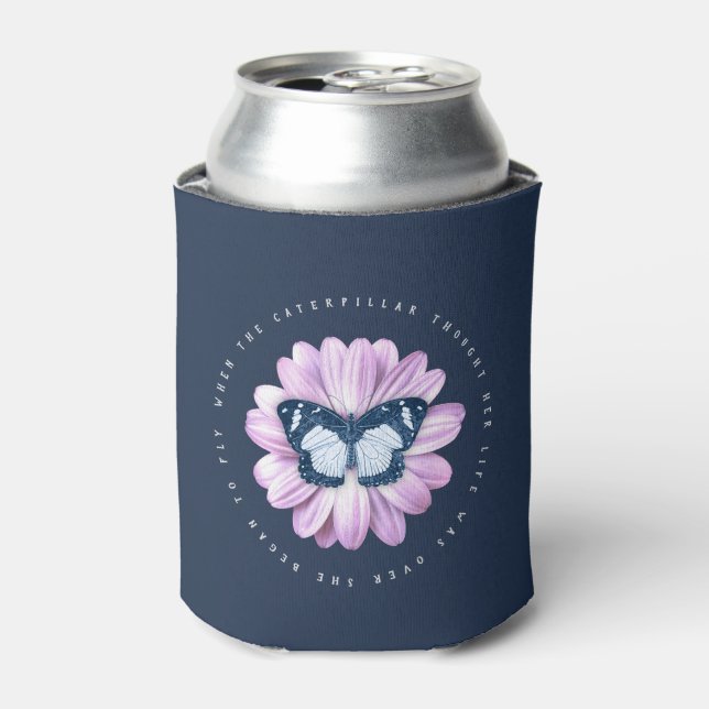 Cute Butterfly on Pink Daisy Inspirational Quote Can Cooler (Can Front)