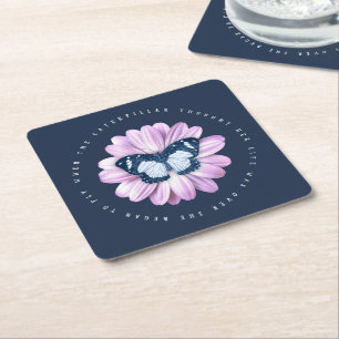 Cute Butterfly on Pink Daisy Inspirational Quote Square Paper Coaster