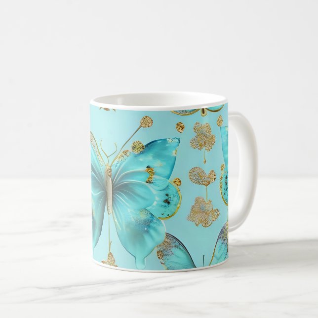 Cute Butterfly Pattern on a Blue Background Coffee Mug (Front Right)