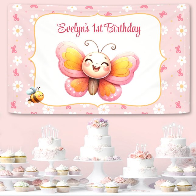Cute Butterfly Pink Floral Girl 1st Birthday Banner (Cute Butterfly Pink Floral Girl 1st Birthday Banner)