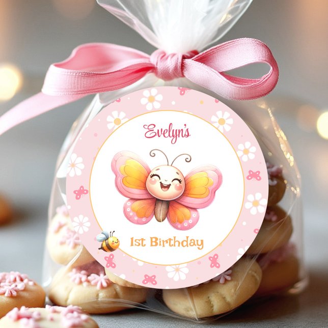 Cute Butterfly Pink Floral Girl 1st Birthday Classic Round Sticker (Cute Butterfly Pink Floral Girl 1st Birthday Classic Round Sticker)
