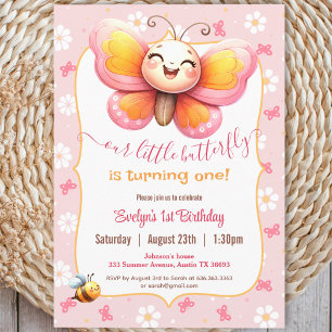 Cute Butterfly Pink Floral Girl 1st Birthday Invitation