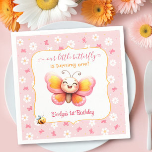 Cute Butterfly Pink Floral Girl 1st Birthday Napkin