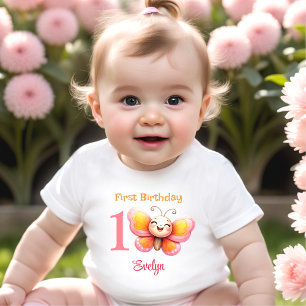 Cute Butterfly Pink Floral Name Girl 1st Birthday Baby T-Shirt