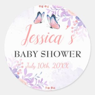 Cute Butterfly Purple Pink Floral Girl Baby Shower Classic Round Sticker