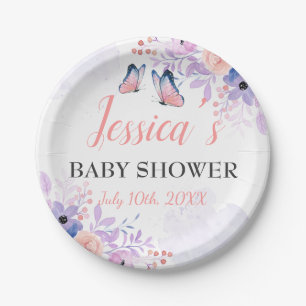 Cute Butterfly Purple Pink Floral Girl Baby Shower Paper Plate