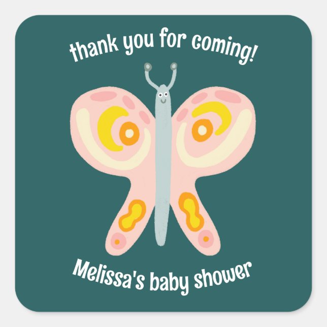 Cute Butterfly Thank You CUSTOM Baby Shower Square Sticker (Front)