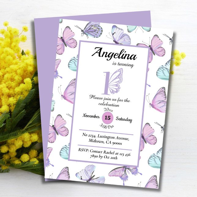 Cute butterfly themed 1st birthday purple & white invitation (Creator Uploaded)