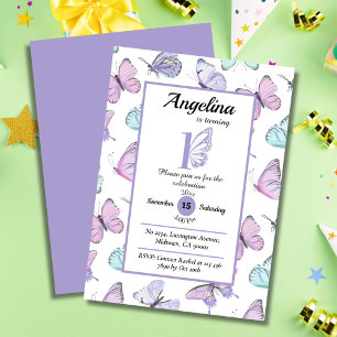 Cute butterfly themed 1st birthday purple & white invitation