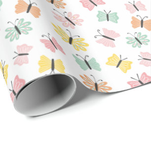 Cute butterlies in pastel colors on white wrapping paper