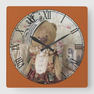 Cute Button Down Bear Roman Numeral Square Wall Clock