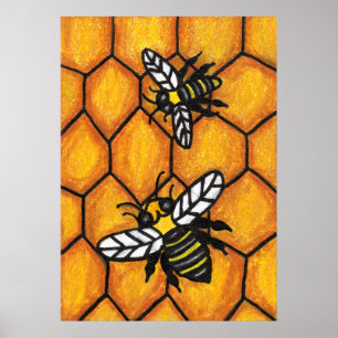 Cute Buzzing Bees on Honeycomb Poster
