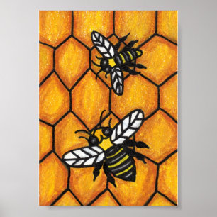Cute Buzzing Bees on Honeycomb Poster