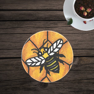 Cute Buzzing Yellow Jacket Bee on Honeycomb Coaster