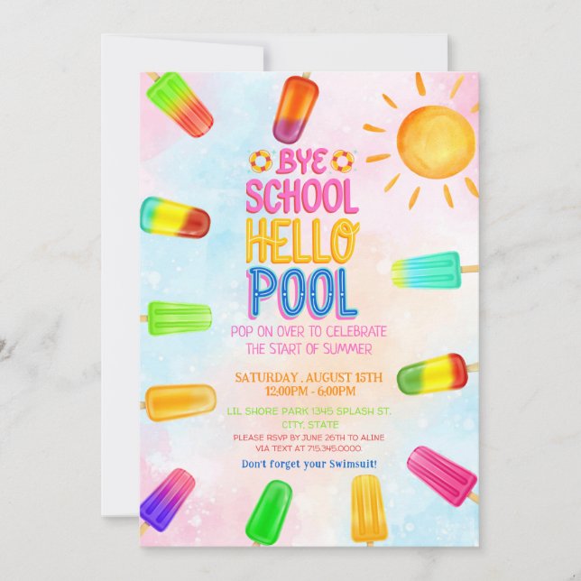 Cute Bye school hello pool party Invitation (Front)