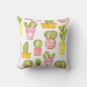 Cute cacti in bright pots for a summer vibe cushion