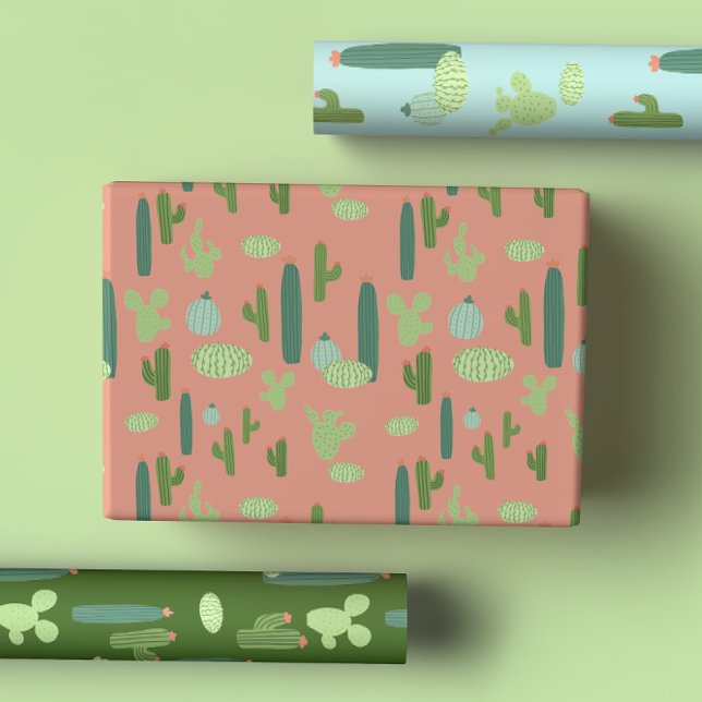 Cute Cacti in Peach, Green, Blue Wrapping Paper Sheet (Creator Uploaded)