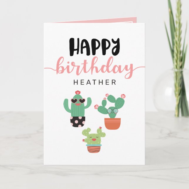Cute Cacti Pink Happy Birthday Card (Front)