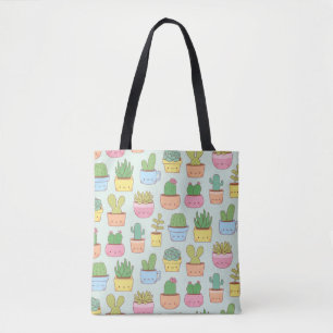 Cute Cacti Succulents Plants Doodles Pattern Tote Bag