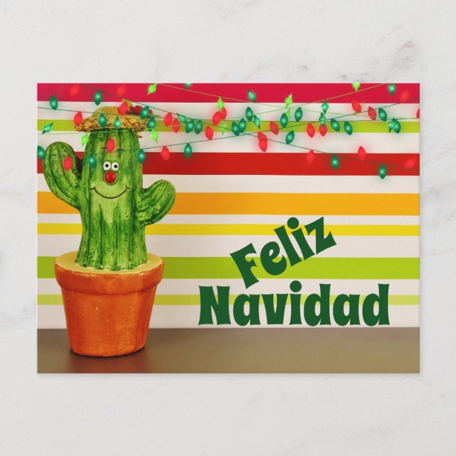 Cute Cactus and Festive Lights Feliz Navidad Holiday Postcard (Front)