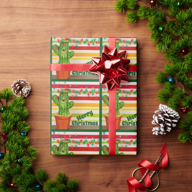 Cute Cactus and Festive Lights Merry Christmas Wrapping Paper (Holiday Gift)